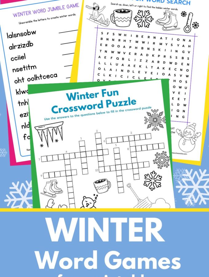 image of winter word search, winter crossword puzzle, winter word jumble. Title "Winter word games"