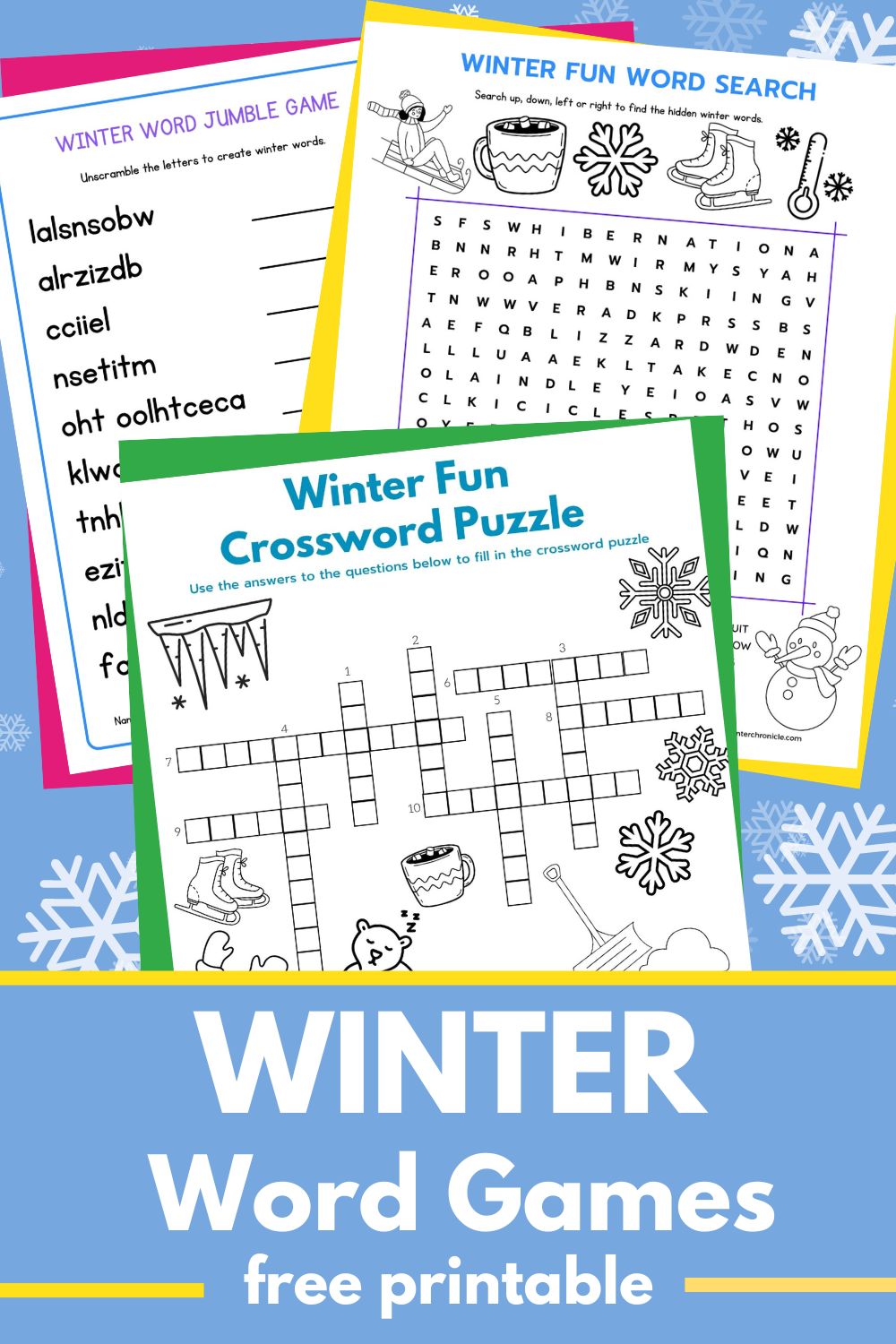 image of winter word search, winter crossword puzzle, winter word jumble. Title "Winter word games"