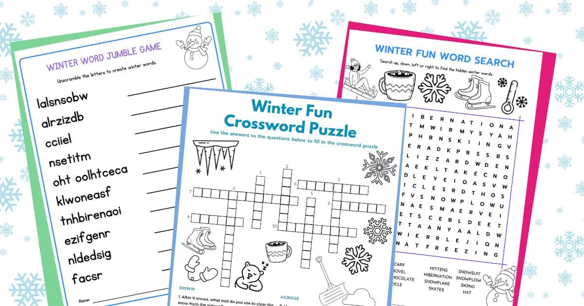 3 printable winter word games - winter word scramble, winter crossword puzzle and winter word seach