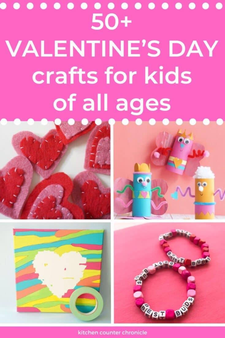 collage of 4 valentine's day crafts - toilet paper craft, friendship bracelet, tape resist and toilet paper bugs