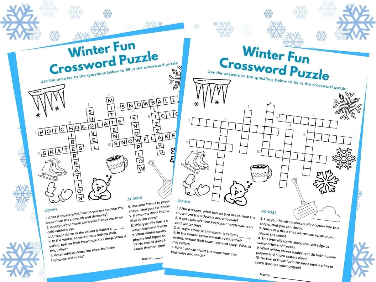 free printable winter crossword puzzle for kids and winter crossword puzzle answer sheet