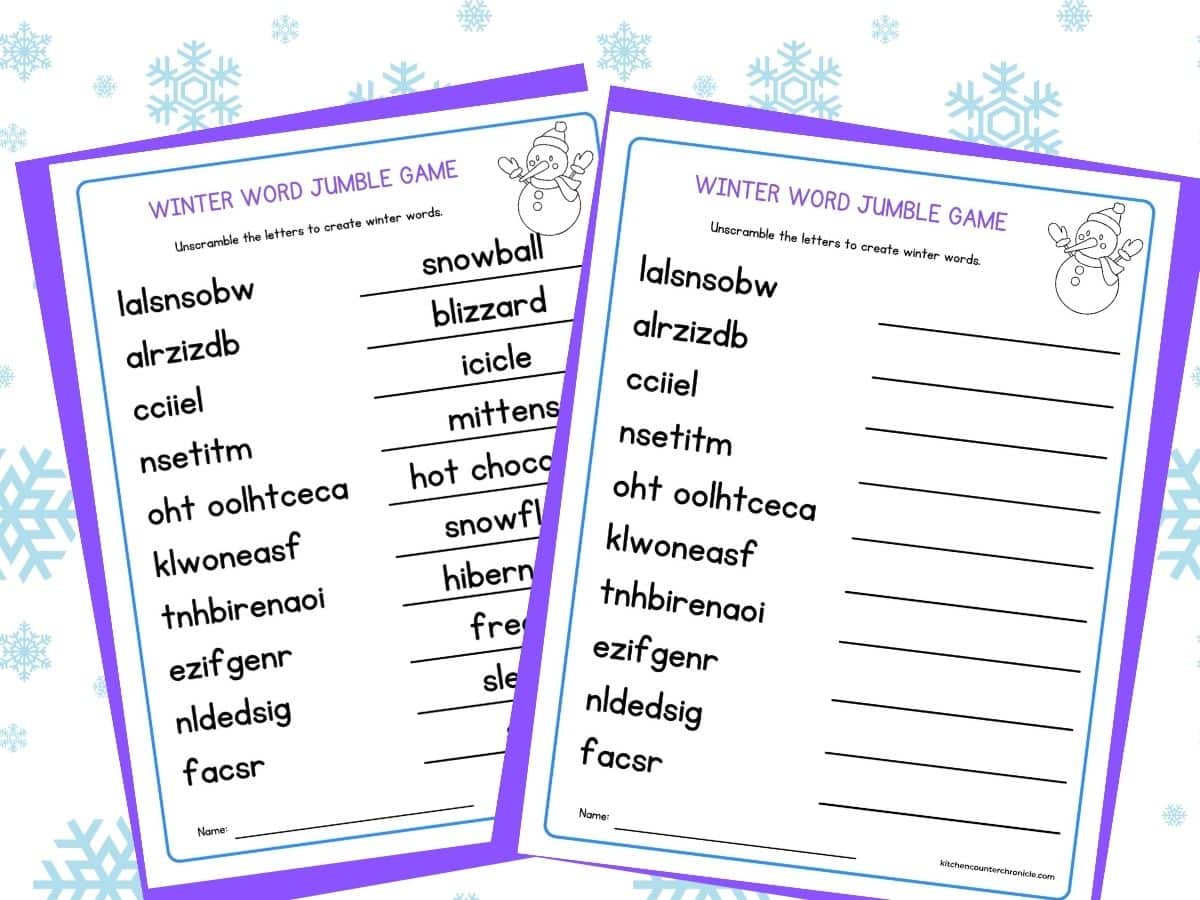 _free printable winter word jumble game for kids and winter word jumble answer sheet