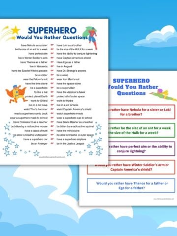 2 copies of would you rather superhero set of questions with cloudy background