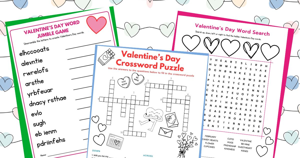 3 printable Valentine's Day word games Valentine word scramble, Valentine crossword puzzle and Valentine word search social