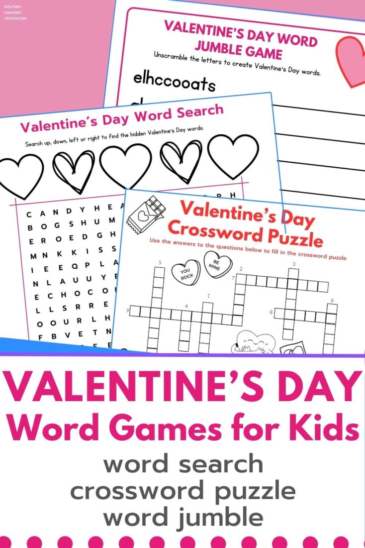 Valentine's day word games for kids title and word search, crossword puzzle and word jumble pin image
