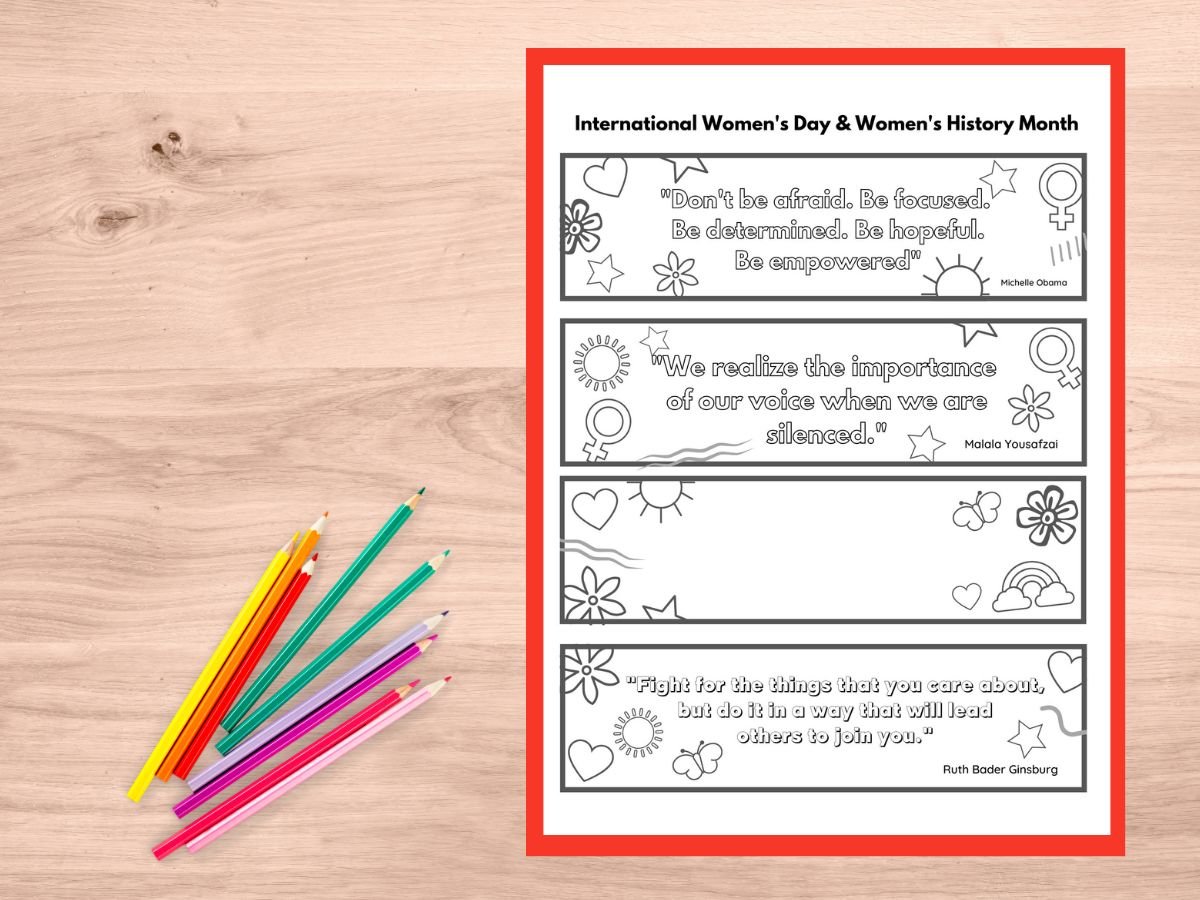 women's month bookmarks printed on wooden table with pencil crayons