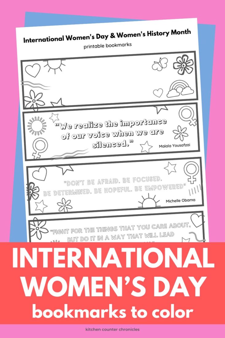 international women's day bookmarks to print and color on pink background