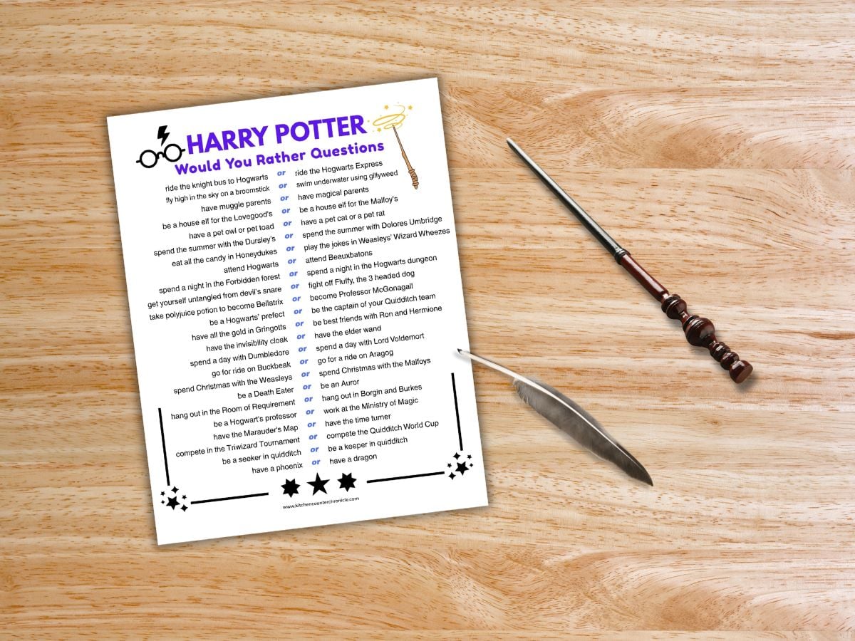 print out of single sheet of harry potter would you rather questions on paper with quill pen and magic wand