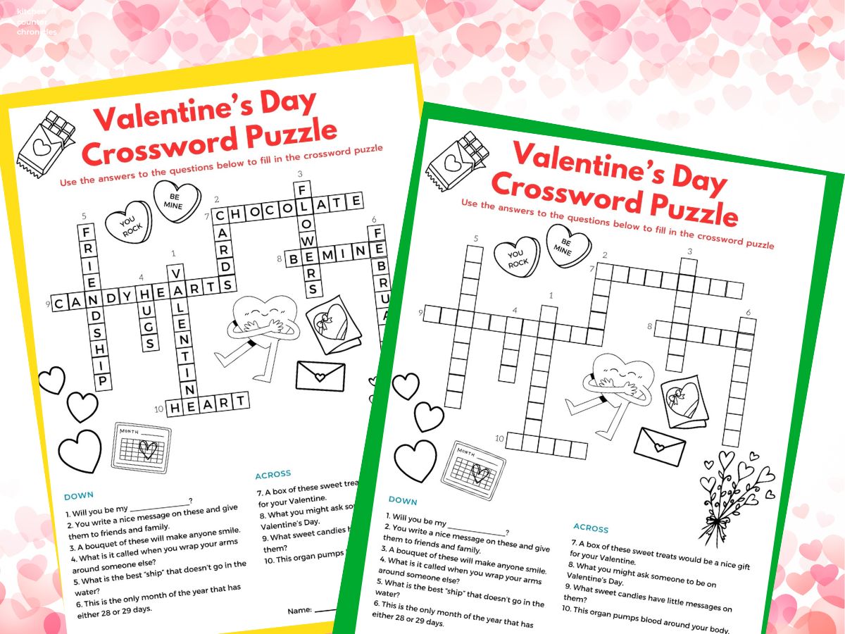 printable valentine's day crossword puzzle and valentine's day crossword puzzle answer sheet with heart background