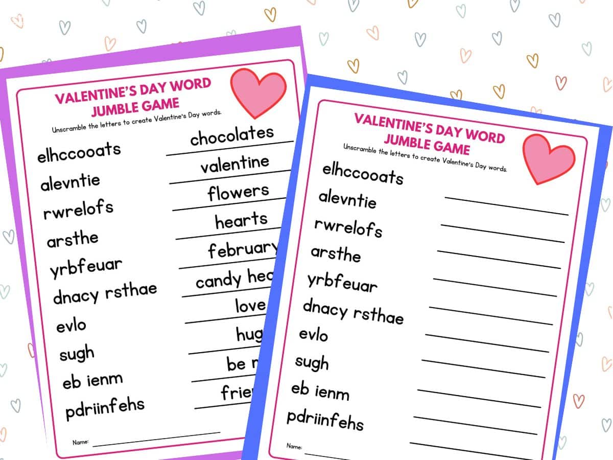 _printable valentine's day word jumble and valentine word jumble answer sheet with heart background