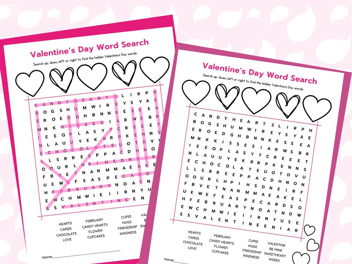 printable valentine's day word search and valentine word search answer sheet with pink background
