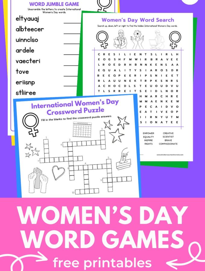 title international women's day word games - free printables with women's day word jumble, women's day word search and women's day crossword puzzle on purple background