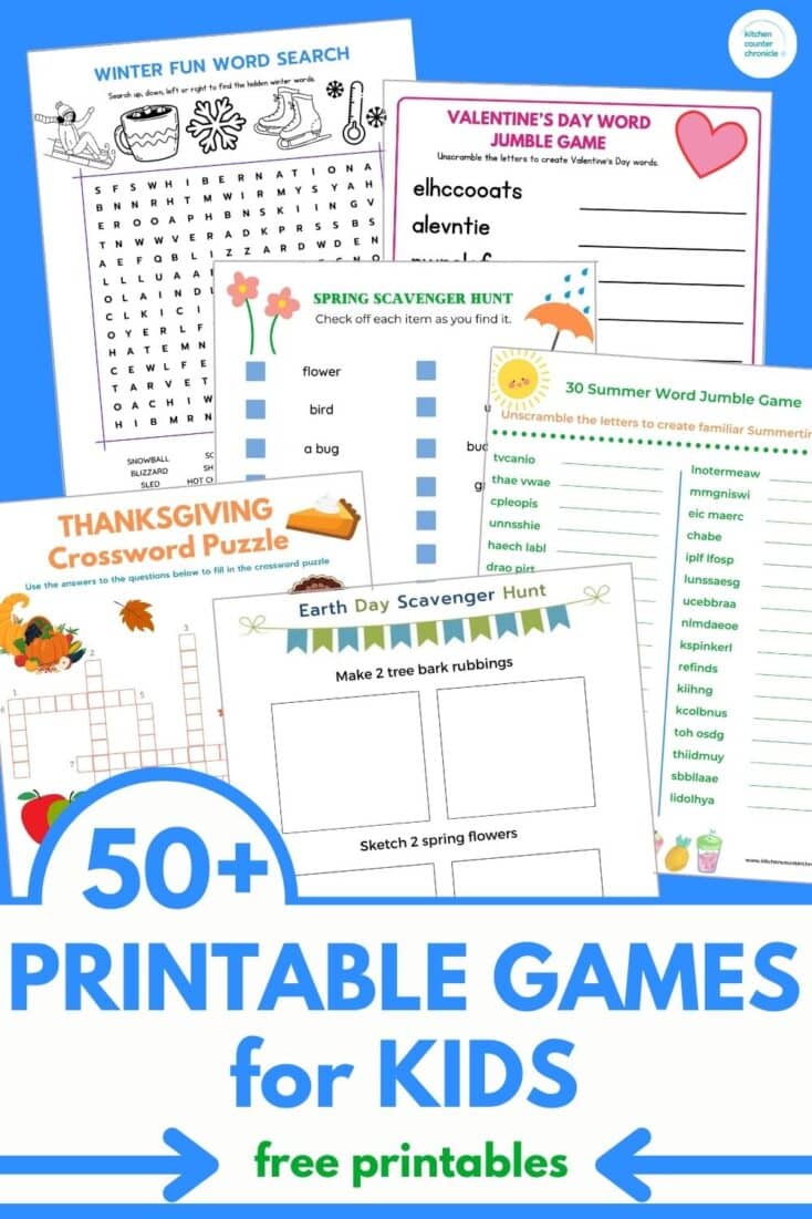 title "50+ printable games for kids" print out of scavenger hunts and word games.