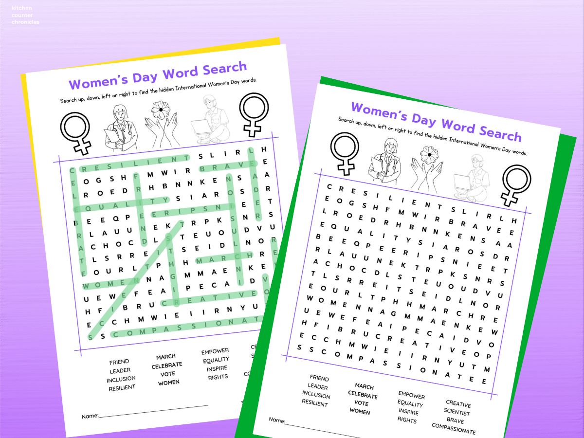 _2 printable sheets of women's day word search game with answer sheet on purple background