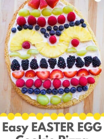 title "Easy EASTER Egg fruit platter" close up image of Easter egg cookie pizza