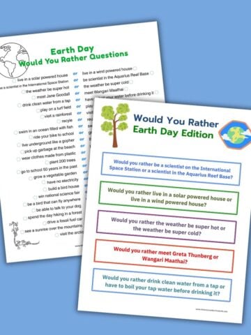 2 sheets of printable Earth Day would you rather questions for kids on blue background