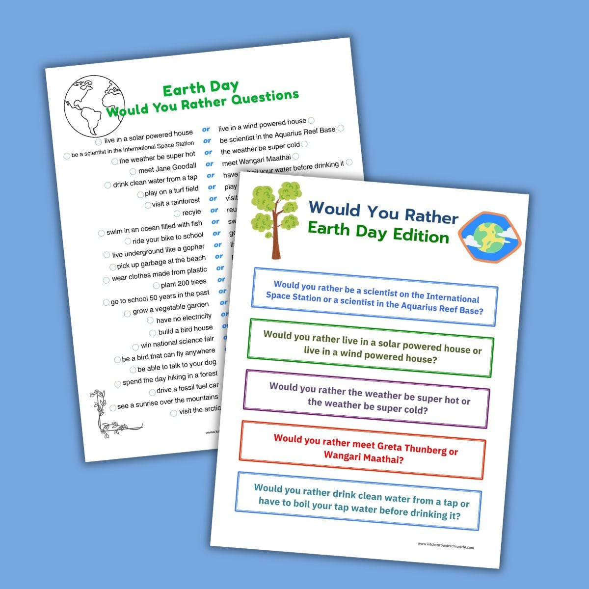 2 sheets of printable Earth Day would you rather questions for kids on blue background