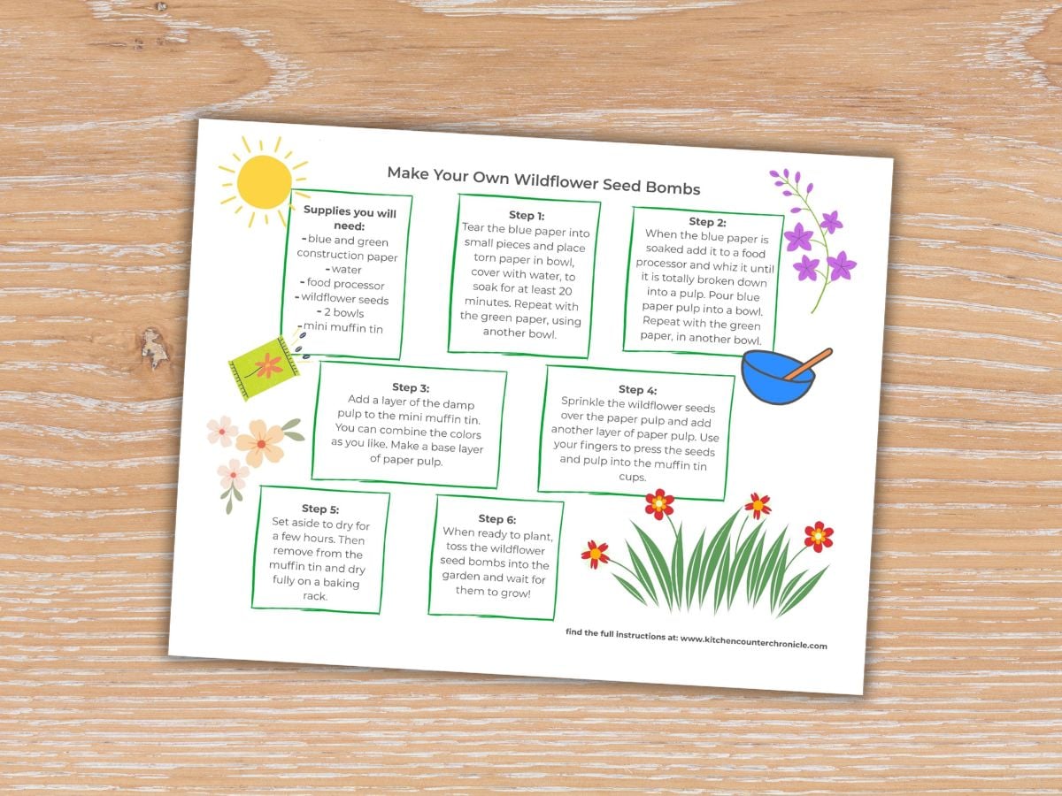 print out of seed bomb instructions sheet laying on desk top
