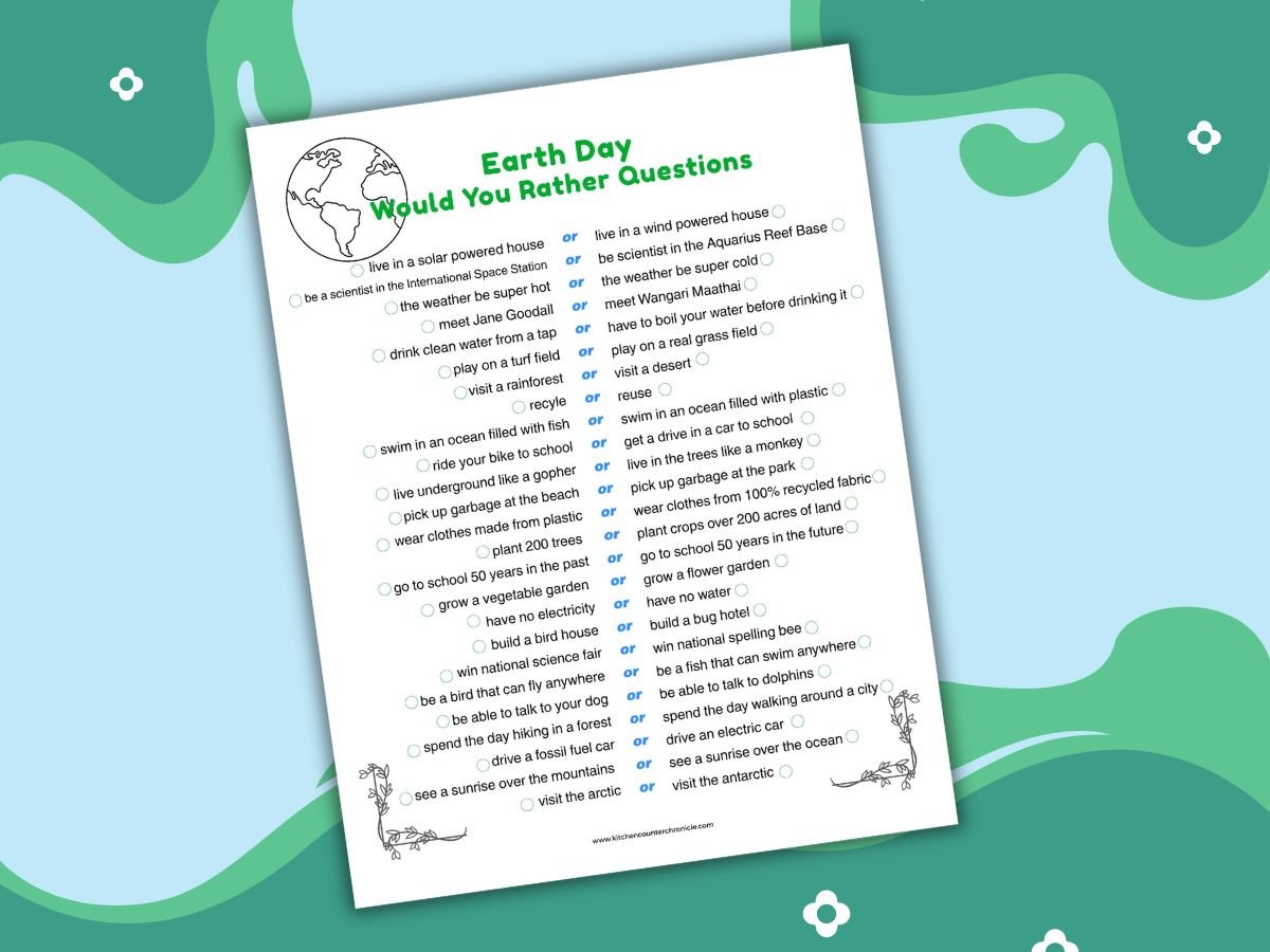 print out of would you rather earth day edition question sheet on green and blue background