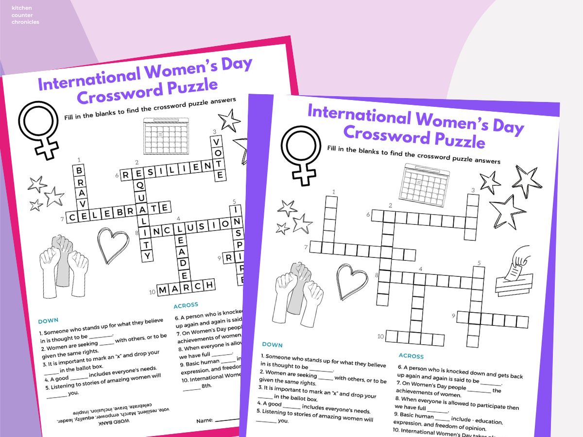 printable women's day game - crossword puzzle print out with answer sheet