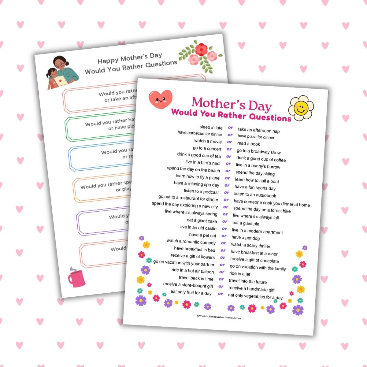 2 sheets of mother's day would you rather questions for mom on mother's day with heart background