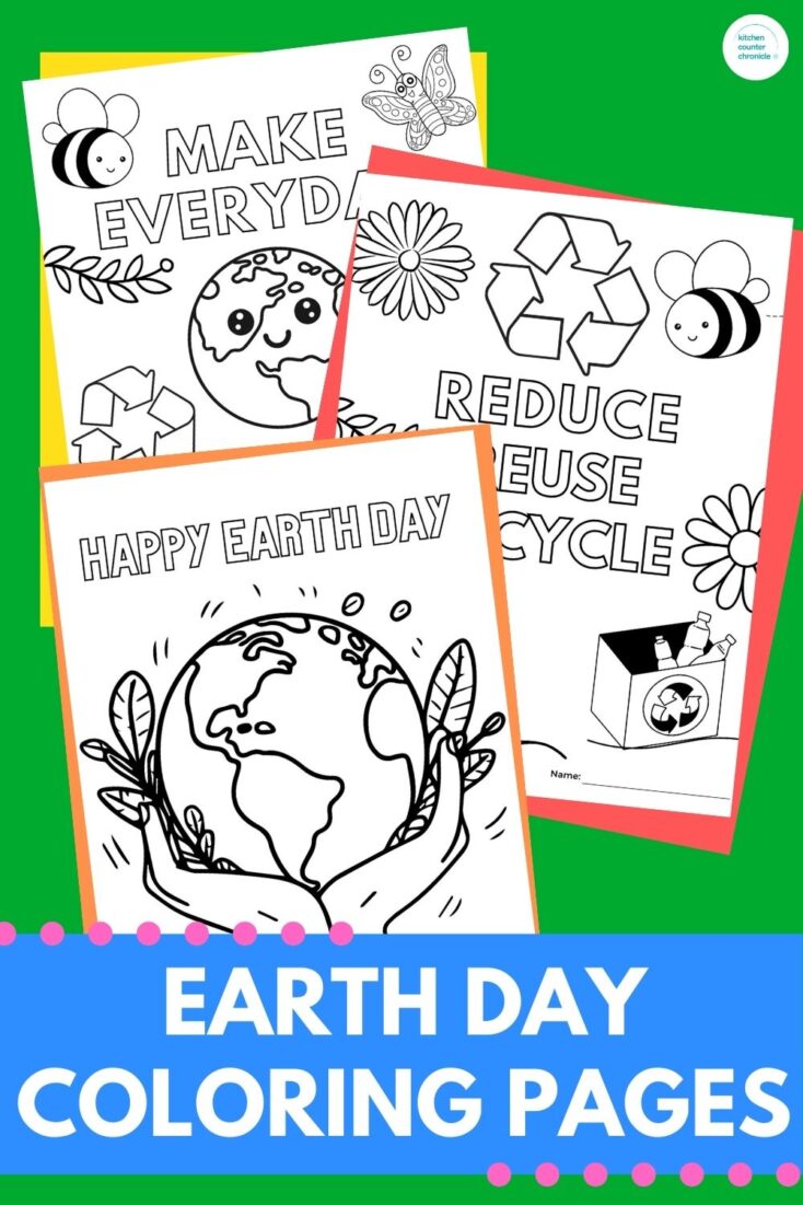 3 earth day coloring pages on green background with title "Earth Day coloring pages"