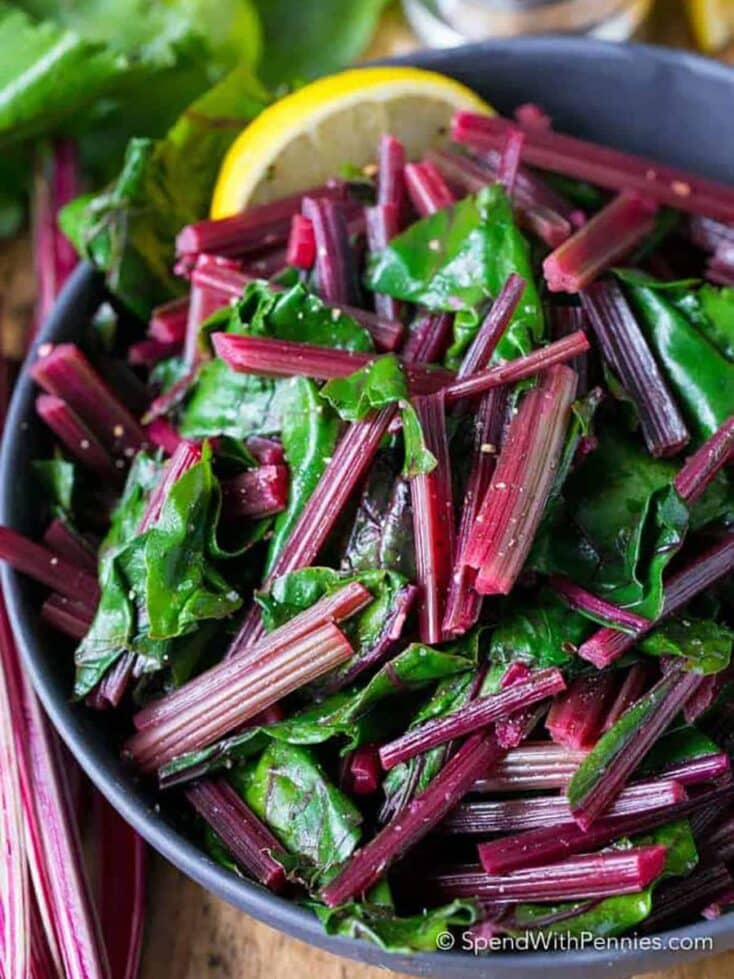 bowl of sauteed beet greens and stalks