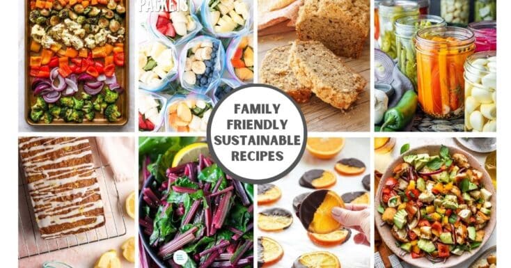 collage of easy family friendly sustainable recipes roasted vegetable, smoothies, loaf, pickles, beets and salad