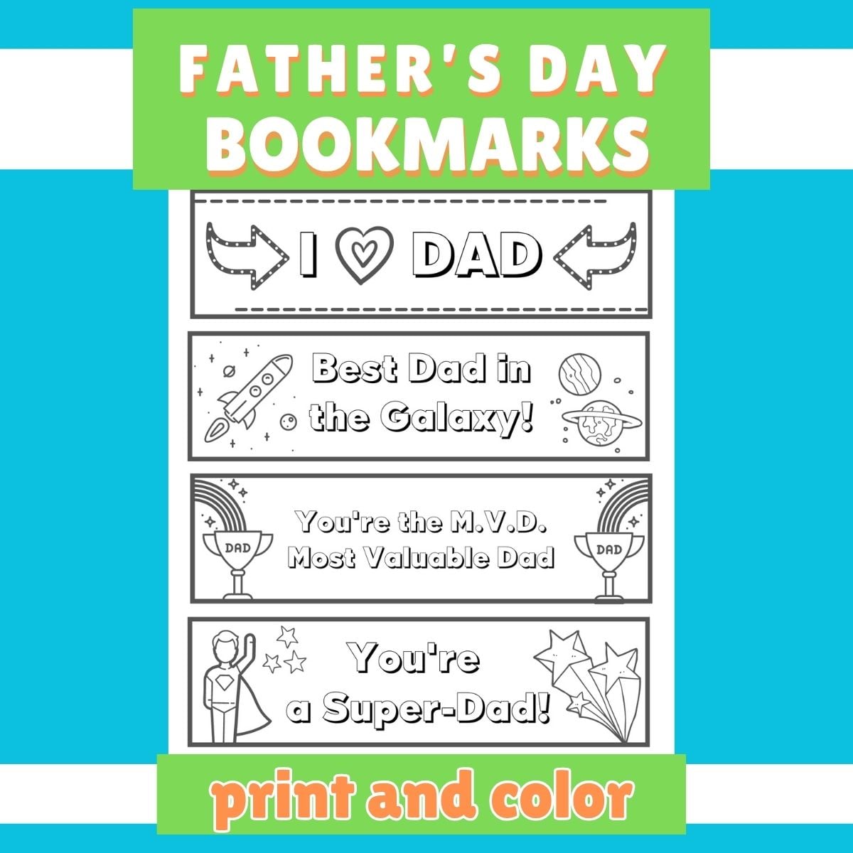 featured image for print and color father's day bookmarks for kids
