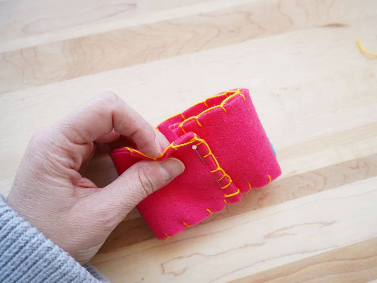felt coffee sleeve overlapped to sew closed