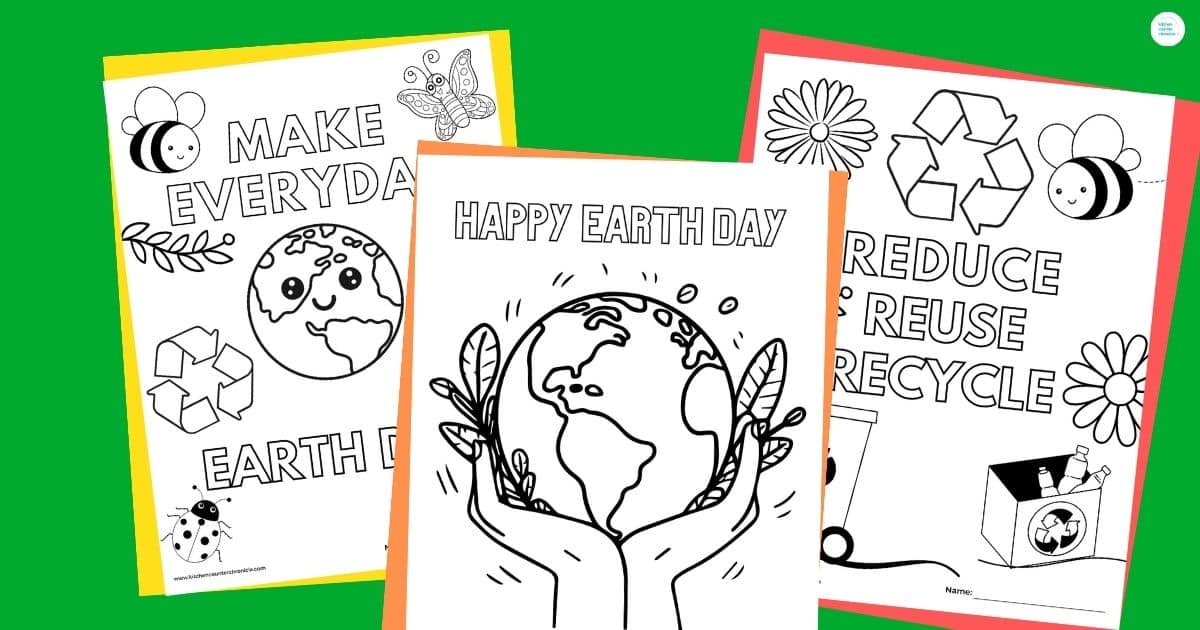 happy earth day coloring page, make everyday earth day coloring page and reduce reuse recycle coloring page on green background