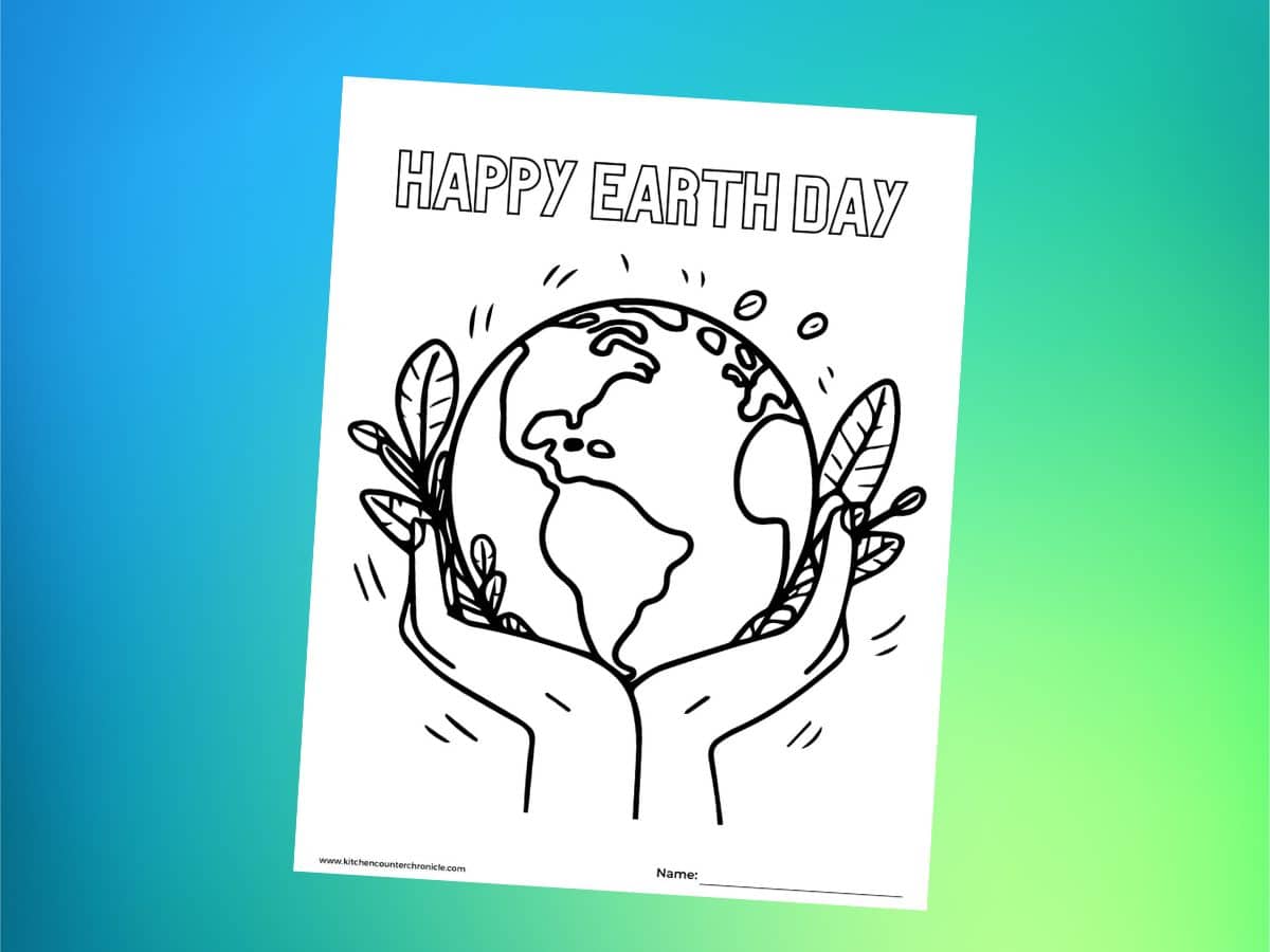 printable happy earth day colouring page with green and blue background