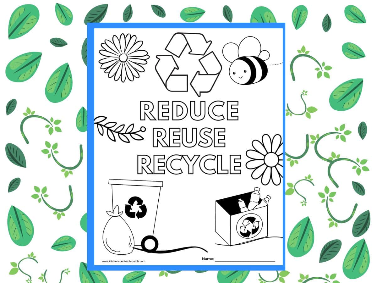 reduce reuse recycle coloring page printable with leafy background
