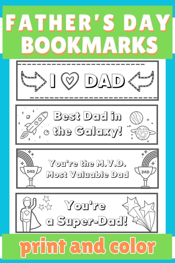 sheet of printable father's day bookmarks to color for kids