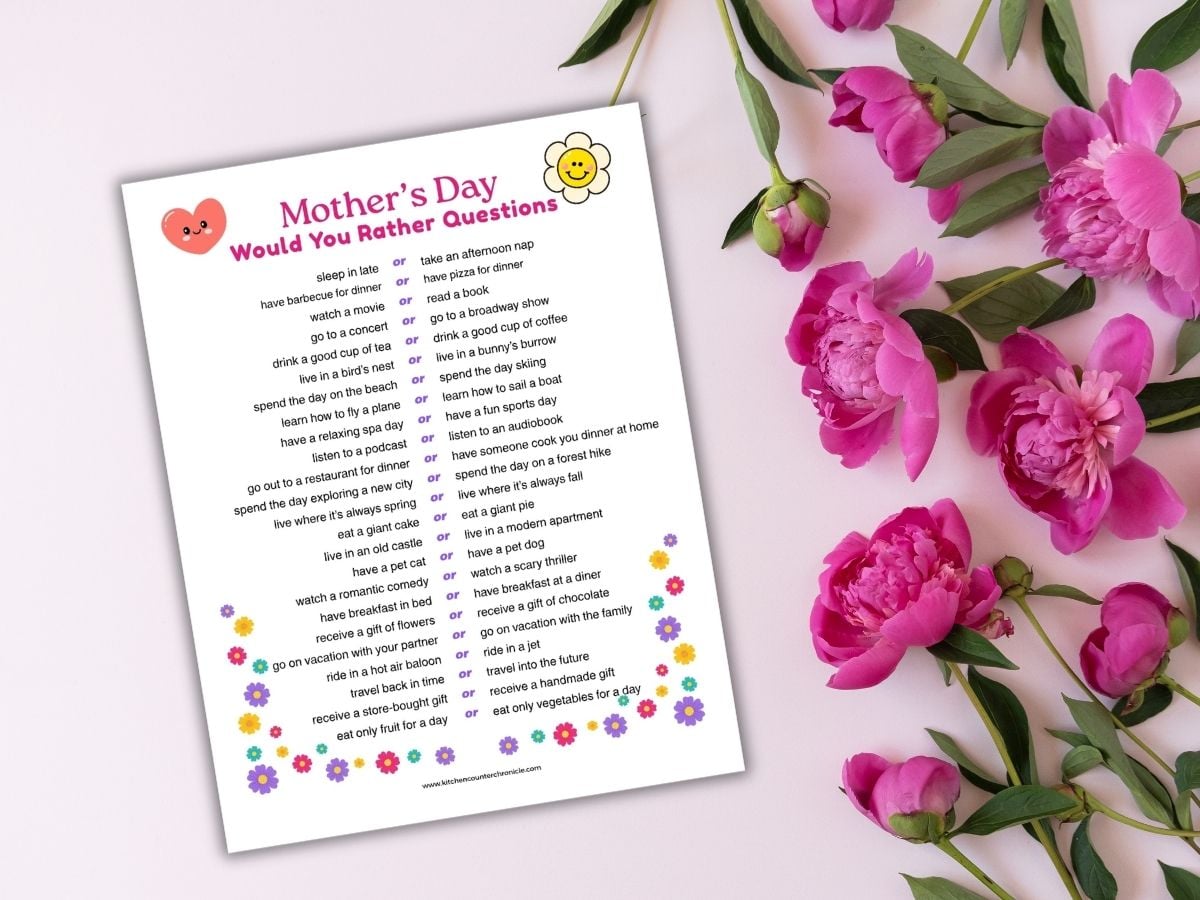 single sheet of would you rather questions for moms with a bouquet of flowers