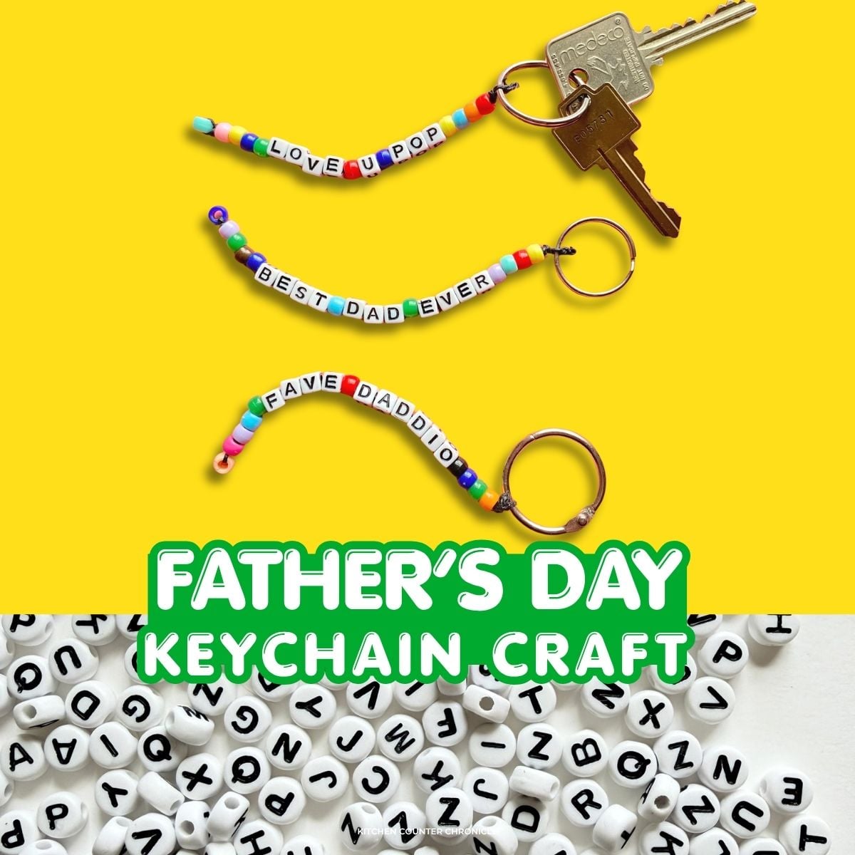 yellow background for 3 father's day keychains with beaded messages for dad