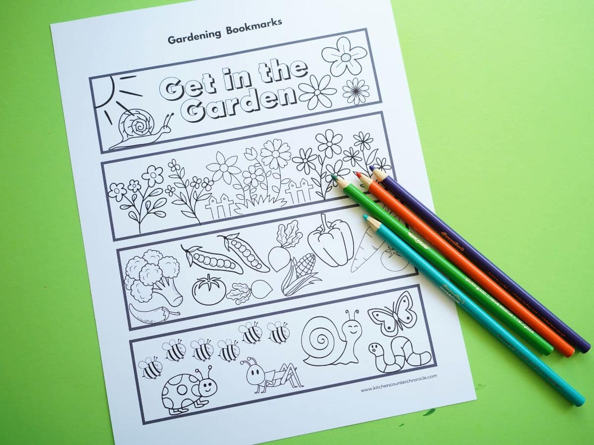 print out of 4 gardening bookmarks with colored pencil crayons
