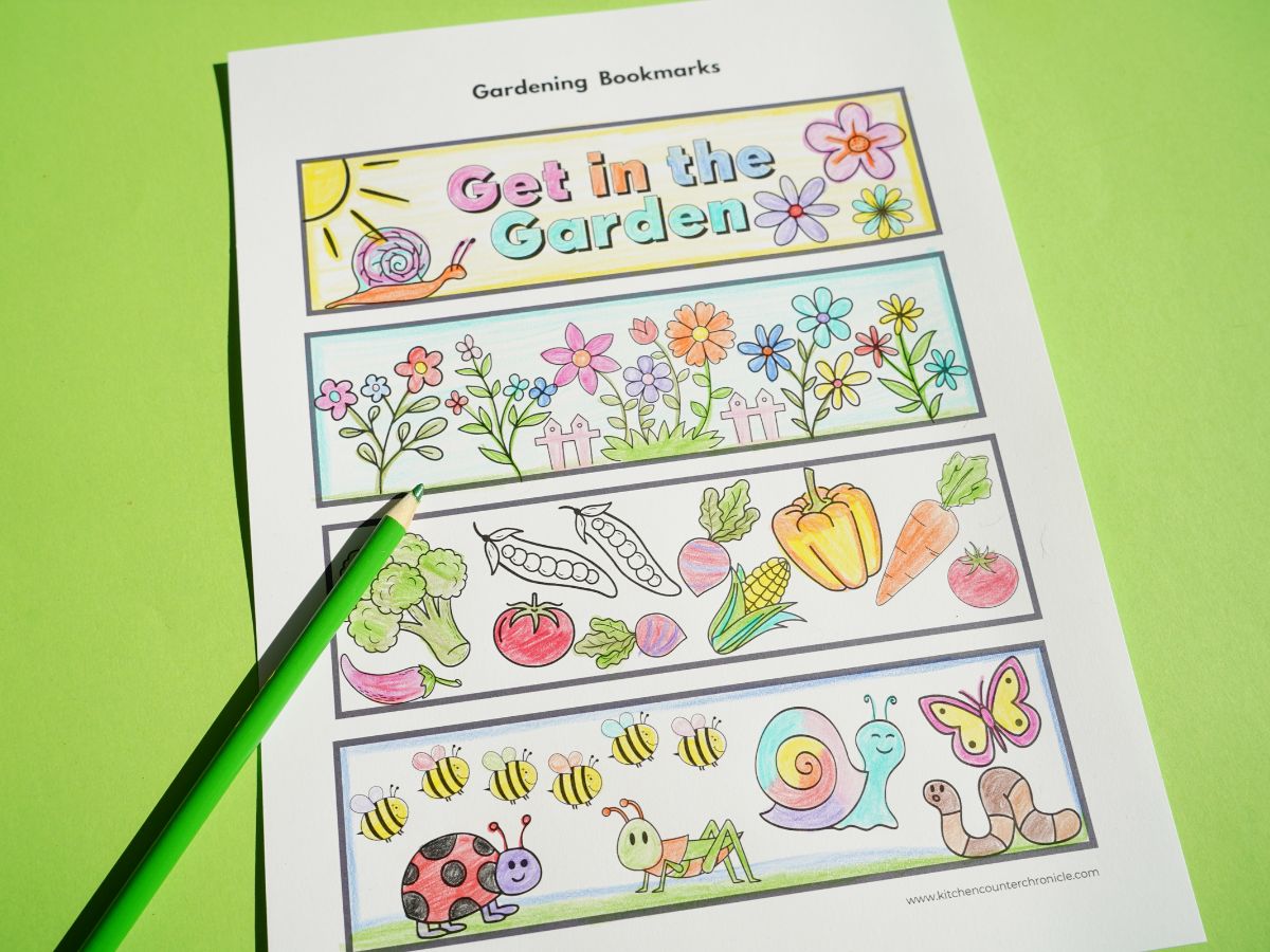 printable sheet of garden bookmarks colored in with green pencil crayon