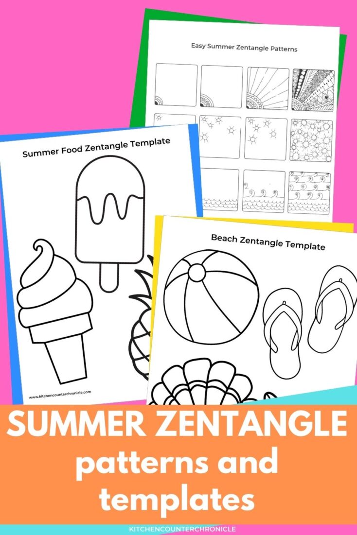 3 sheets of summer zentangle patterns and templates for the beach, popsicles and sun