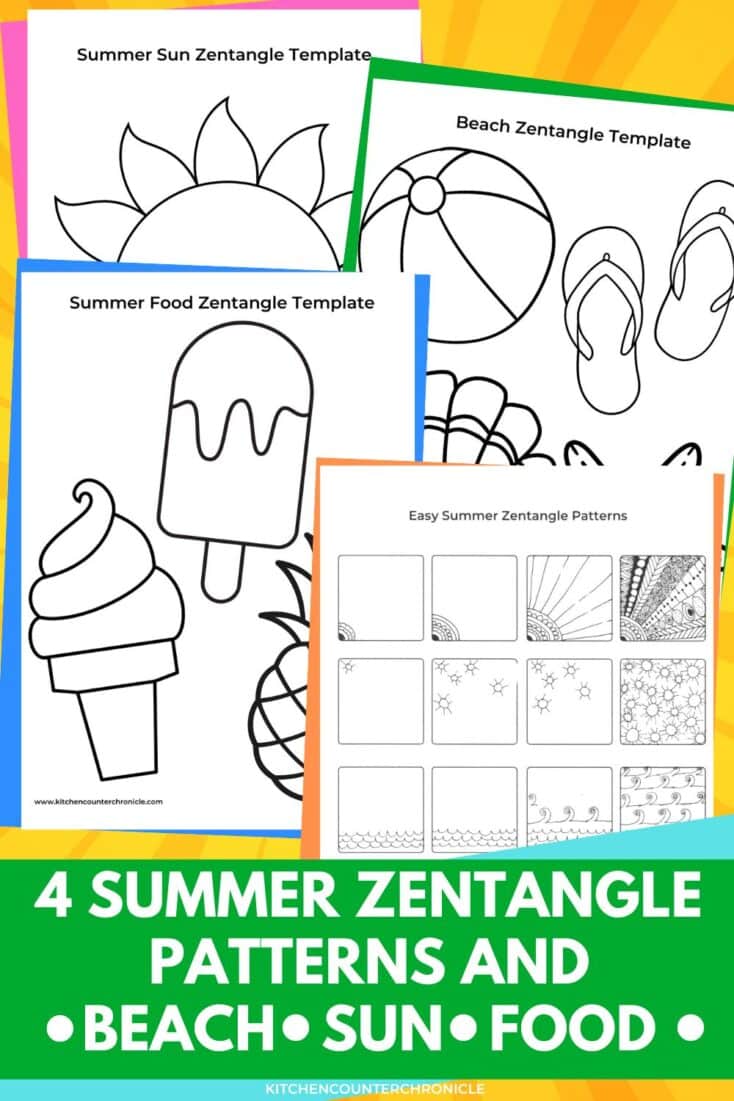 4 printable zentangle summer patterns and templates with title and sun background - beach, sun, food, step-by-step instruction sheet