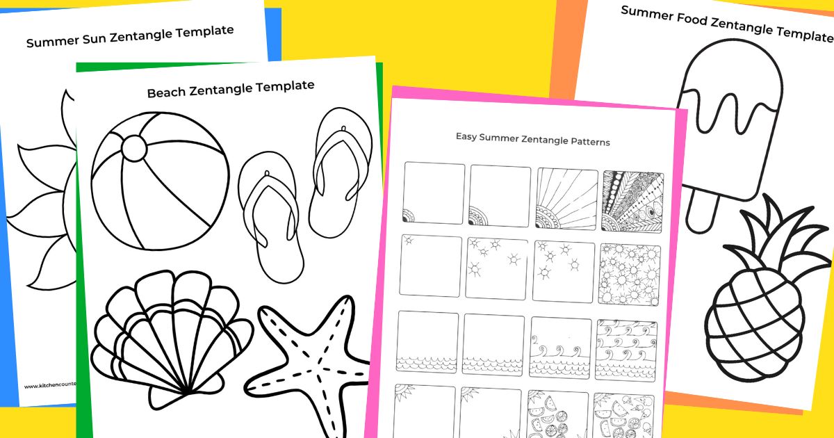 4 summer zentangle printables - beach template, summer food template, sun template and step-by-step summer zentangle patterns