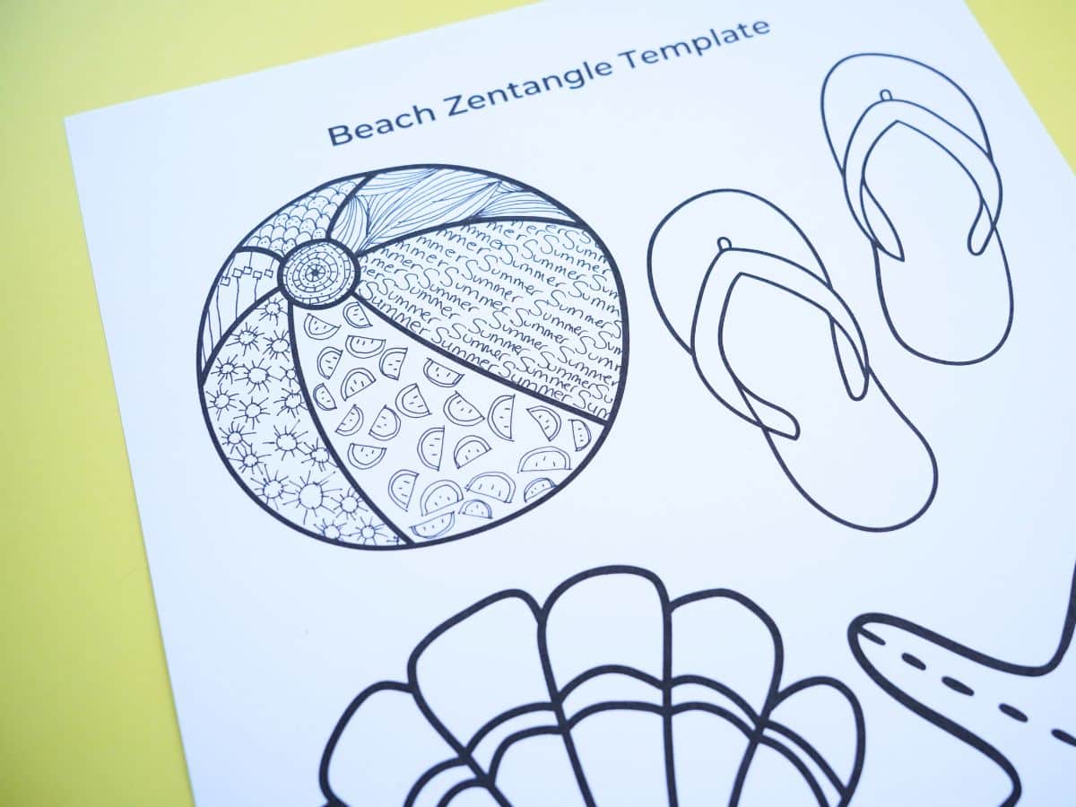 close up of beach ball template filled with summer doodle art