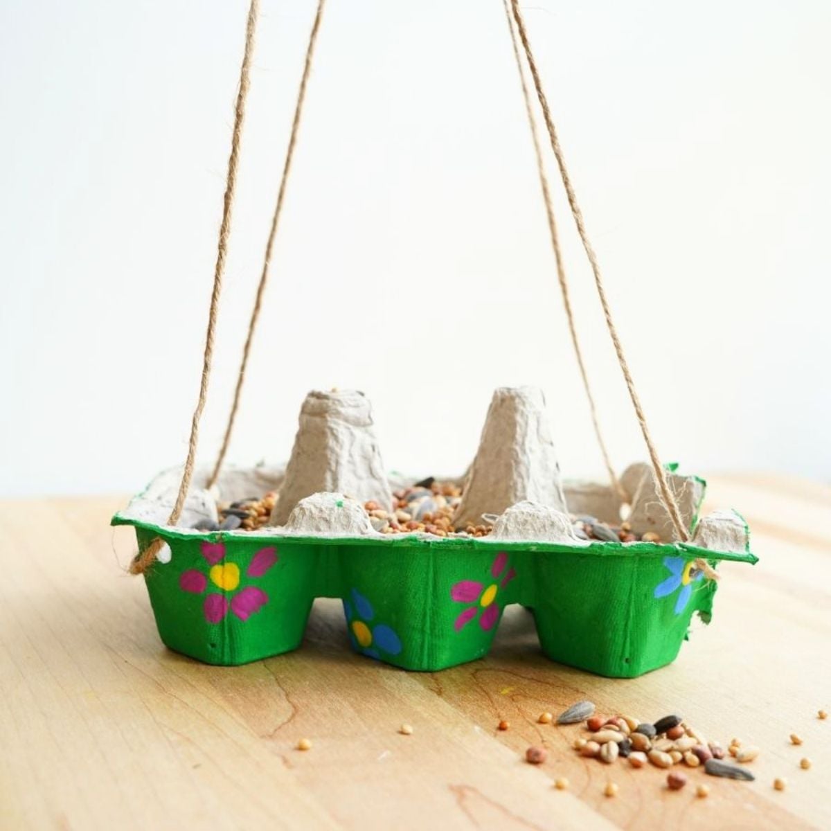 close up of egg carton hanging bird feeder filled with birdseed