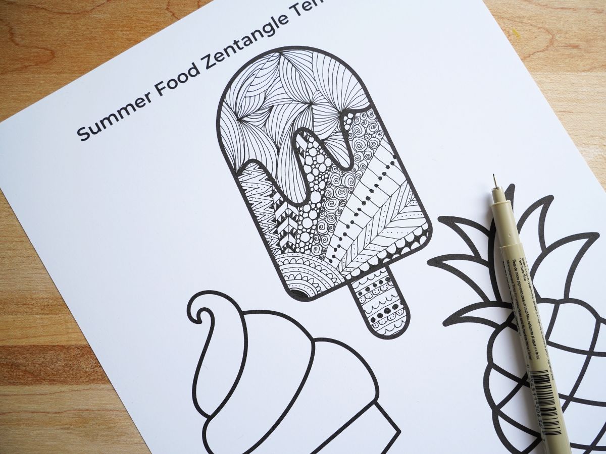 close up of popsicle template filled with zentangle patterns and designs