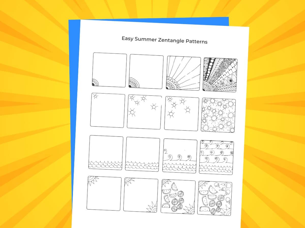easy step-by-step summer zentangle patterns printed with yellow sunshine background