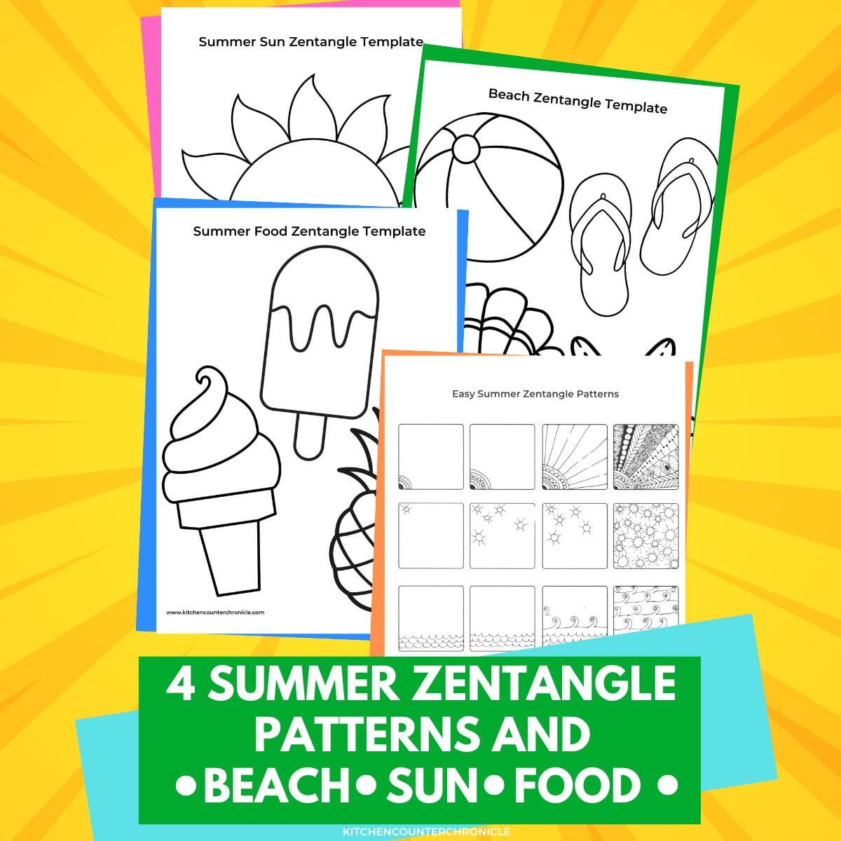printable zentangle summer patterns and templates with title and sun background featured image