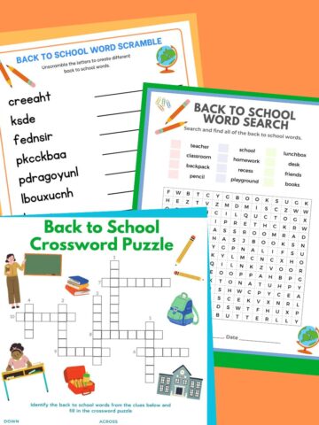 3 print outs of back to school word games - crossword, word jumble, word search