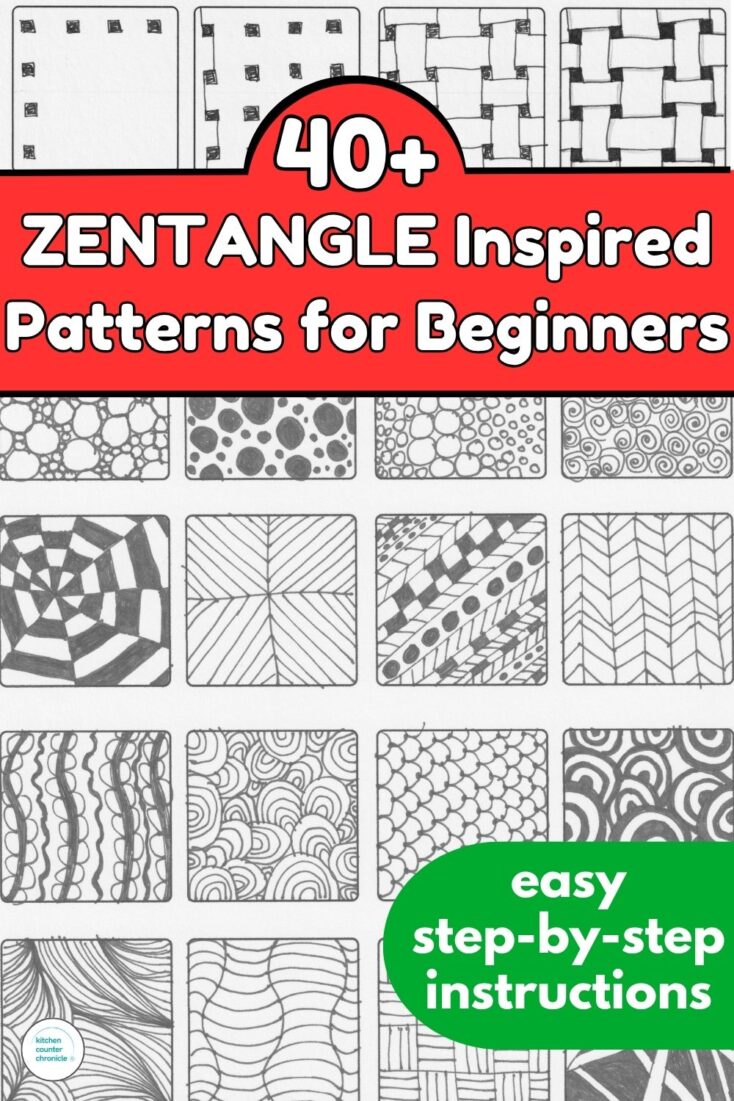 title "40+ easy zentangle patterns for beginners and beyond with collage of zentangle patterns drawn on paper