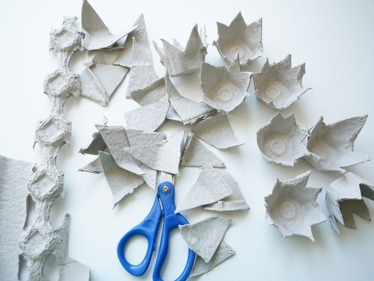 egg carton cut into flowers with pair of scissors on table
