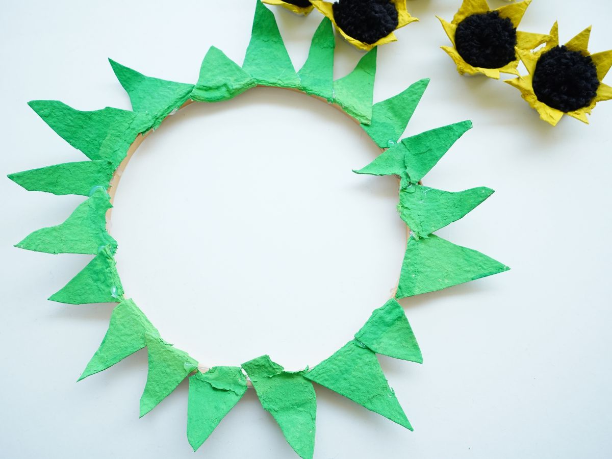 green egg carton leaves glued to embroidery hoop
